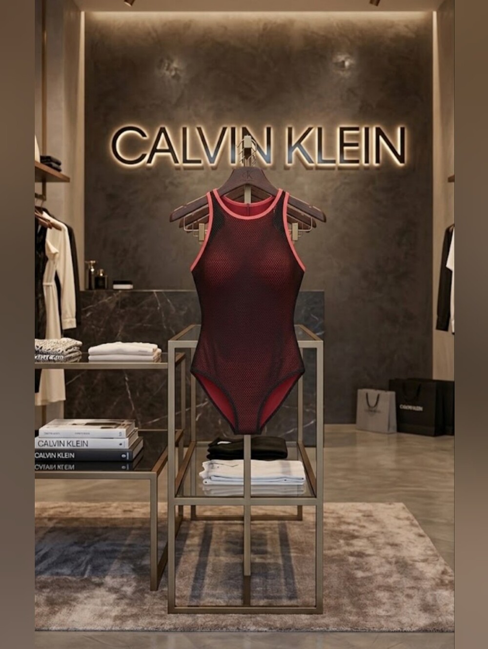 Calvin Klein NWOT Black Mesh One-Piece Swimsuit Red Underlay Chic Size 10